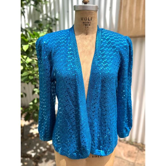 VTG 1980s St. John Sky Blu Round Metallic Paillettes Belted LS Wrap Sweater SZ M - Picture 3 of 13